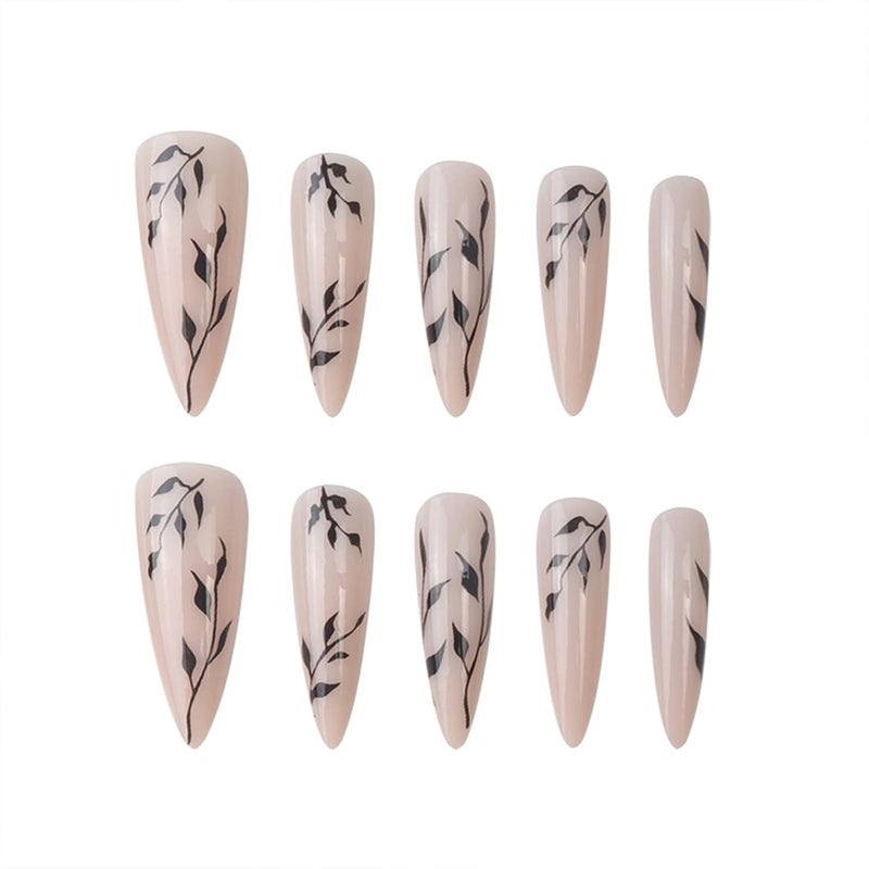 SINHOT Stiletto Press on Nails Extra Long Fake Nails with Glue Glossy False Nails with Black Leaves Designs Full Cover Almond Acrylic Nail 24pcs - Image 2